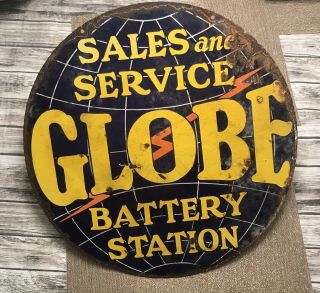 Globe Sales & Service Battery Station Vintage Porcelain 2 Sided Sign 20” Barn
