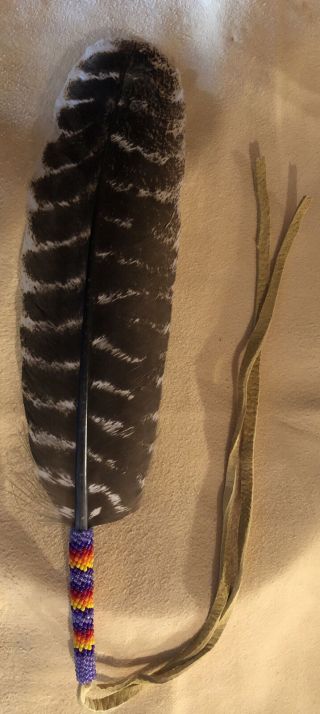 One Smaller Neat Native American Lakota Sioux Beaded Turkey Feather