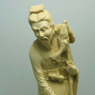 Vintage Signed Chinese Asian Man With Fish Resin Figurine Statue Carved 13 1/2 