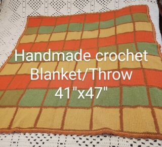 Vintage Handmade Crochet Afghan Throw Blanket Orange Brown Green