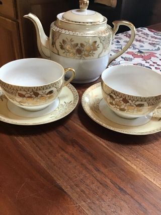 Vintage Chikaramachi Japanese Tea Pot And Cups And Saucers