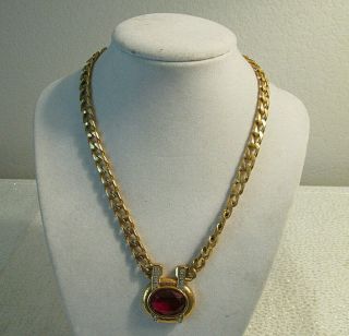 Vintage Monet Necklace Gold Tone Chain & Large Faux Ruby With Diamonds Pendant