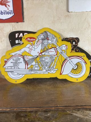 Large Vintage  Indian Motorcycle  Dealer Plate Porcelain Sign 15x24 Inch