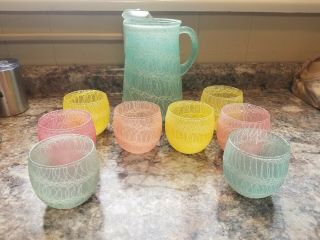 Vintage Spaghetti String Glass Pitcher Drizzle Set With 8 Rolly Poly Glasses