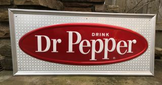 Vtg 1970s Dr Pepper Soda Pop Embossed Tin Sign 27”x 12” Near Stout Sign Co