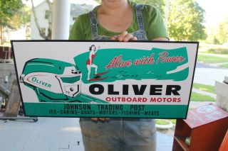 Oliver Outboard Boat Motor Fishing Tractor Gas Oil 24 " Embossed Metal Sign