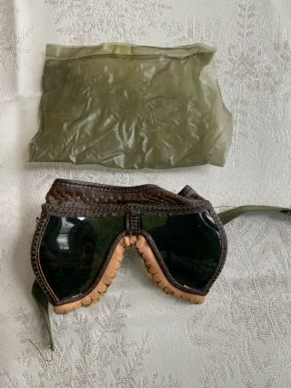 1944 Wwii Us Military Collapsible Vintage Leather Aviator Goggles Green Lenses