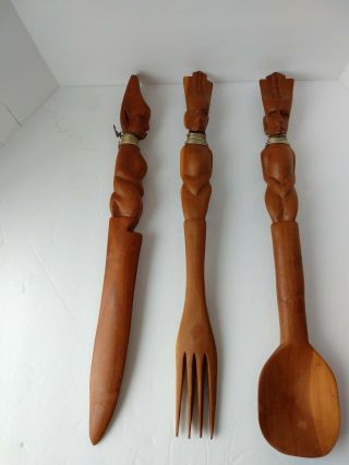Vintage Hand Carved African Tribal Art Wood Knife Fork Spoon Decor Africa Wood