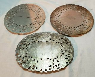 Vintage Three Ornate Silver Plated Expandable Trivet Etched 1 Oblong 2 Round