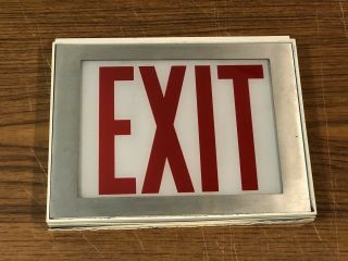 Vintage Exit Sign Glass Panel Metal Frame & Wood Box Industrial White Red