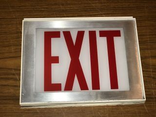 Vintage EXIT Sign Glass Panel Metal Frame & Wood Box Industrial White Red 2