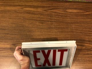 Vintage EXIT Sign Glass Panel Metal Frame & Wood Box Industrial White Red 3