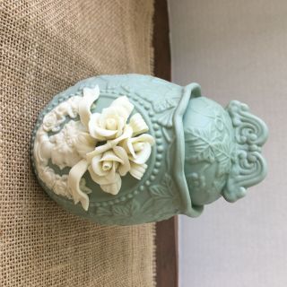 Vintage Green Porcelain Ginger Jar With White Flowers And Cameo Face