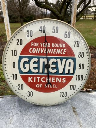 Vintage Pam Clock Co.  Advertising Thermometer Geneva Kitchens Of Steel 50s