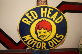 Large Red Head Motor Oil Gas Station 2 Sided 30 " Porcelain Metal Sign
