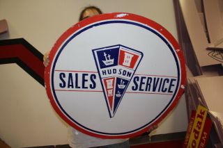 Large Hudson Car Sales & Service Gas Oil 2 Sided 30 " Porcelain Metal Sign