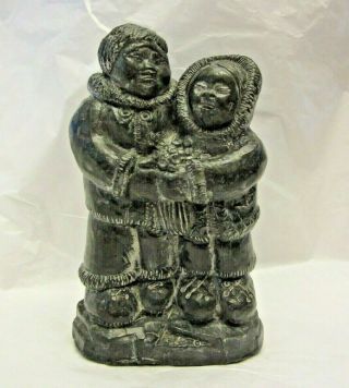 Vintage Al Wolf Sculpture Soap Stone Carving Inuit Eskimo Man & Woman W/ Label