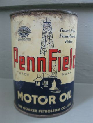 Vintage Early Pennfield 1 Qt Tin Oil Can Old Gas Station Great Graphics
