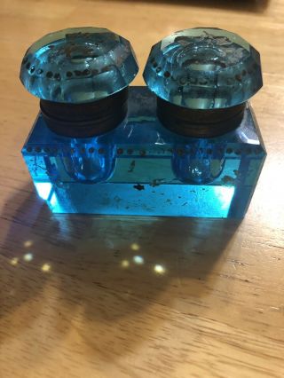 Heavy 19th C.  Antique Hand Blown Cut Glass Brass Banded Double Inkwell Blue