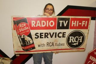 Large Rca Victor Tubes Radio Tv Hi - Fi Stereo Service Gas Oil 48 " Metal Sign