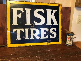 Fisk Tires Sign 20 X 25 1/2 Porcelain Authentic Double Sided Gas Oil