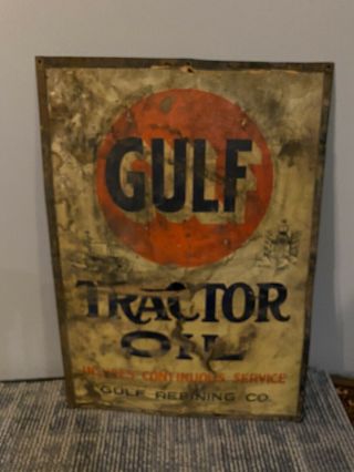1918 Gulf Tractor Oil Cardboard With Metal Around Edges Sign 20 1/2”x14 1/2”