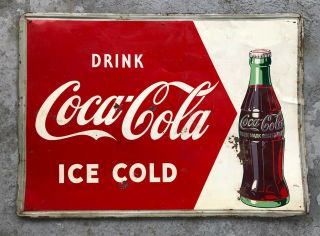 Vtg 1950s Coca Cola Soda Pop “drink Ice Cold” Sign 28”x 20” Tin Coke Soda Bottle