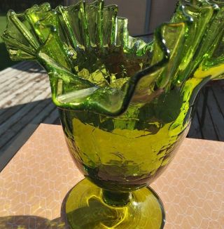 Vintage Blenko Vase,  Crackle Glass W/fluted Rim Olive Green Hand Blown Vase,  Mcm