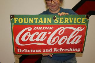 Large Coca Cola Fountain Service Soda Pop Gas Oil 24 " Porcelain Metal Sign