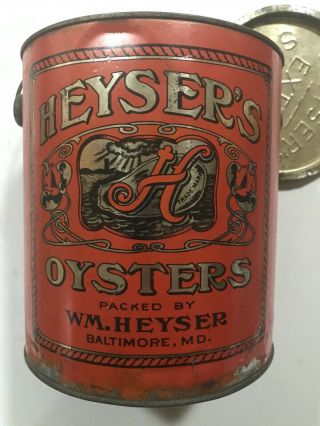 Heyser’s Oysters Baltimore,  Md 1 Gallon Can With Top,  Vintage