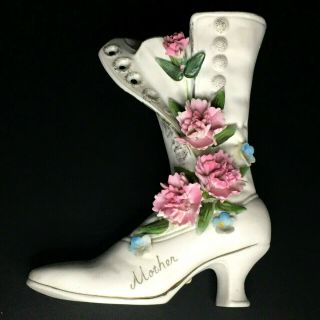 Vintage Ceramic Victorian Boot Vase Applied Flowers Gilt Detail Mother 7 " Japan