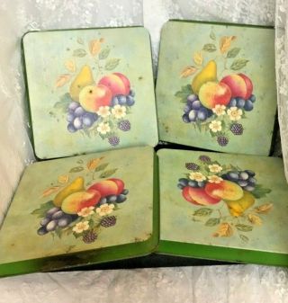 Set Of 4 Vintage Metal Trays Or Burner Covers Square Green Fruit Flowers 9 " X 9 "