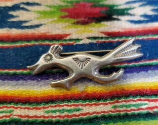 Vintage Navajo Silver Roadrunner Pin By Florence Johnson Signed " Fj " Exc