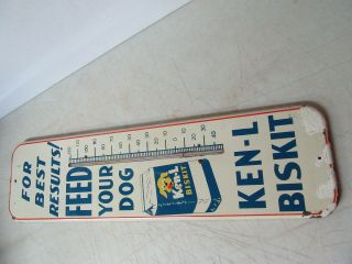Vintage 7 X 26 Inch Ken - L Bisket Feed Your Dog Tin Sign Thermometer
