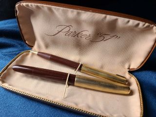 Parker 51 Burgundy Fountain Pen 14k Nib And Matching Pencil Set W/ Case (10)