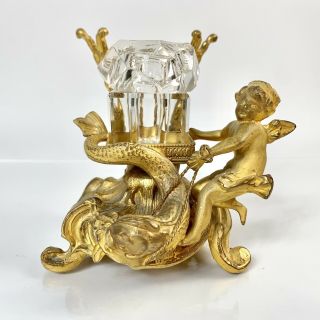 Art Nouveau Cast Ormolu Inkwell With Pen Holder Cherub & Sea Serpent
