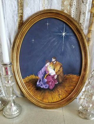 Nativity Oil Painting Vtg Baby Jesus Mary Joseph Religious Picture Oval Frame