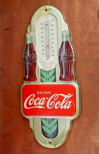 1940 ' s COCA - COLA Double Bottle THERMOMETER Pressed Steel ROBERTSON - SPRINGFIELD O 2