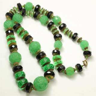 Vintage Art Deco Czech Bohemian Green Cut Art Glass Bead Link Necklace 20 "