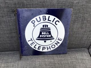 Vintage Metal/Porcelain 2 sided Bell Public Telephone Sign with Flange 2