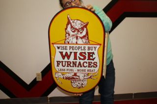 Large Wise Owl Furnaces Stove Gas Oil 2 Sided 28 " Porcelain Metal Flange Sign
