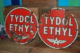 Tydol Ethyl Flying A Gasoline Porcelain 10 " Sign Gas Oil Pump Plate Vintage Pair
