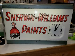 Vintage Sherwin Williams Cover The Earth lighted clock Telesign Inc metal 24” 3