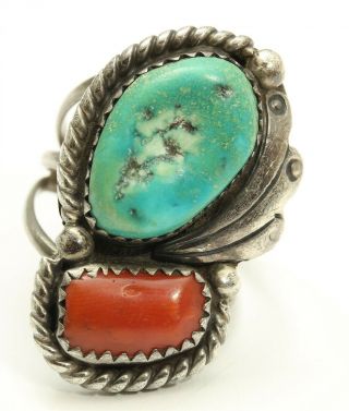 Vintage Navajo Sterling Silver Green Turquoise & Red Coral Floral Ring Sz5.  75