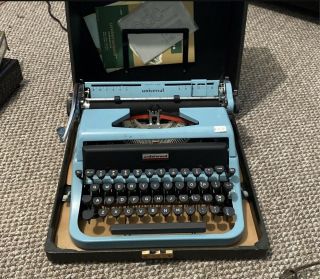1957 Robin Egg Blue Underwood Golden Touch Universal Portable Typewriter W/case