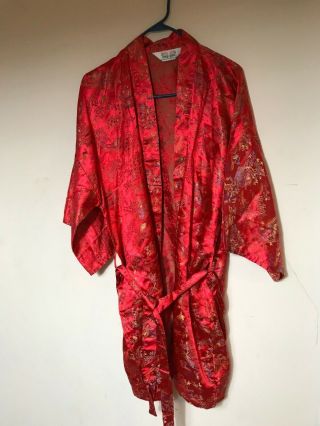 Vintage Mens Womens Unisex Red Silk Chinese Japanese Belted Kimono Robe