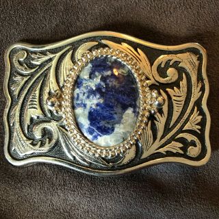 Silver Toned Artisan Belt Buckle With Blue And White Sodalite Stone Oval Center