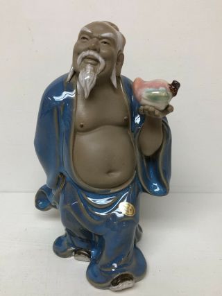 Vintage Shiwain Mudman Chinese Pottery Figurine Statue Man With Peach In Hand.