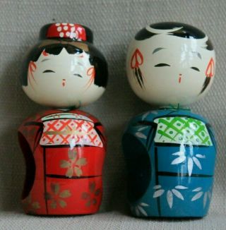 2 Vintage 3 3/4 " Japanese Wood Kokeshi Dolls Napkin Rings