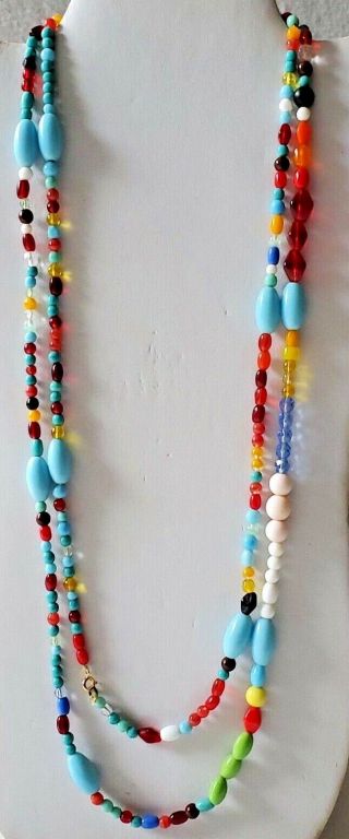 Vintage Long Multi Color Glass Bead Necklace